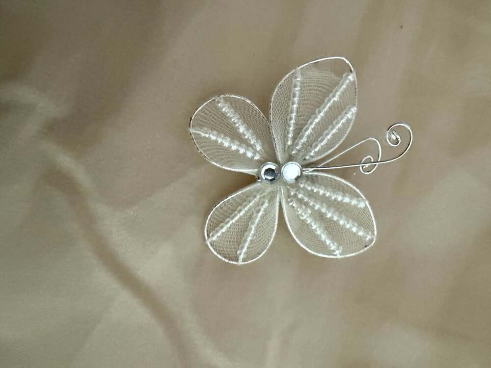 Silver Wire Butterfly Brooch With Beaded Mesh Wings